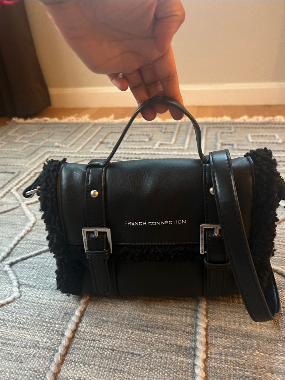 Gently Used French Connection Black Faux Leather w Sherpa Trim+Crossbody Strap